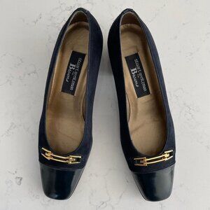 Stuart Weitzman for Browns Patent & Suede Leather Shoes Navy Gold Hardware Sz 7